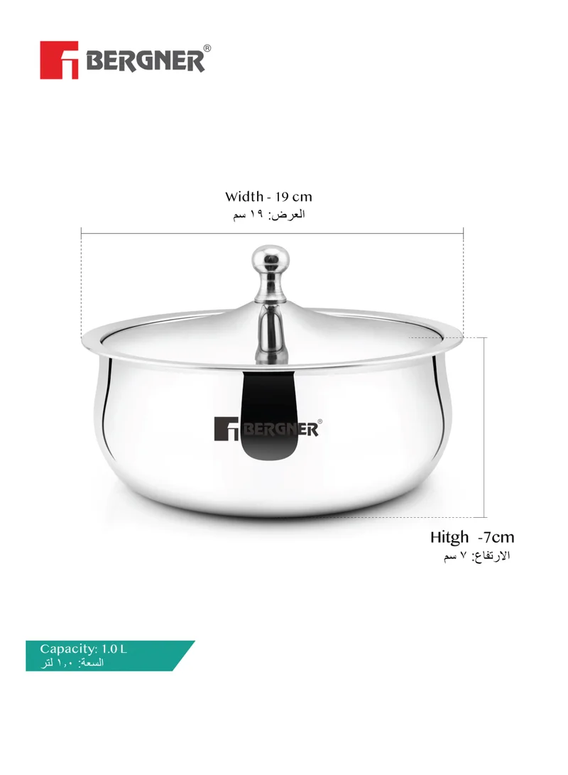بيرجنر Bergner Vienna Stainless Steel Insulated Hot Pot 19cm (1L), Double-Walled Casserole with Lid for Keeping Food Warm & Fresh, Cast Steel Knob, Durable Serving Pot for Rice Roti Curries